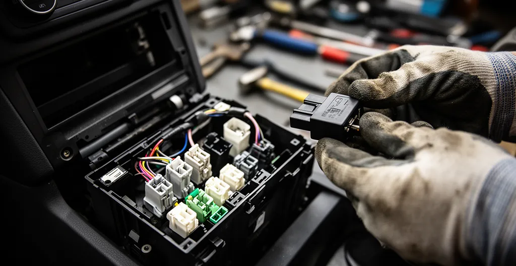 Connecteurs alignés, mains gantées, console ouverte, clips intacts